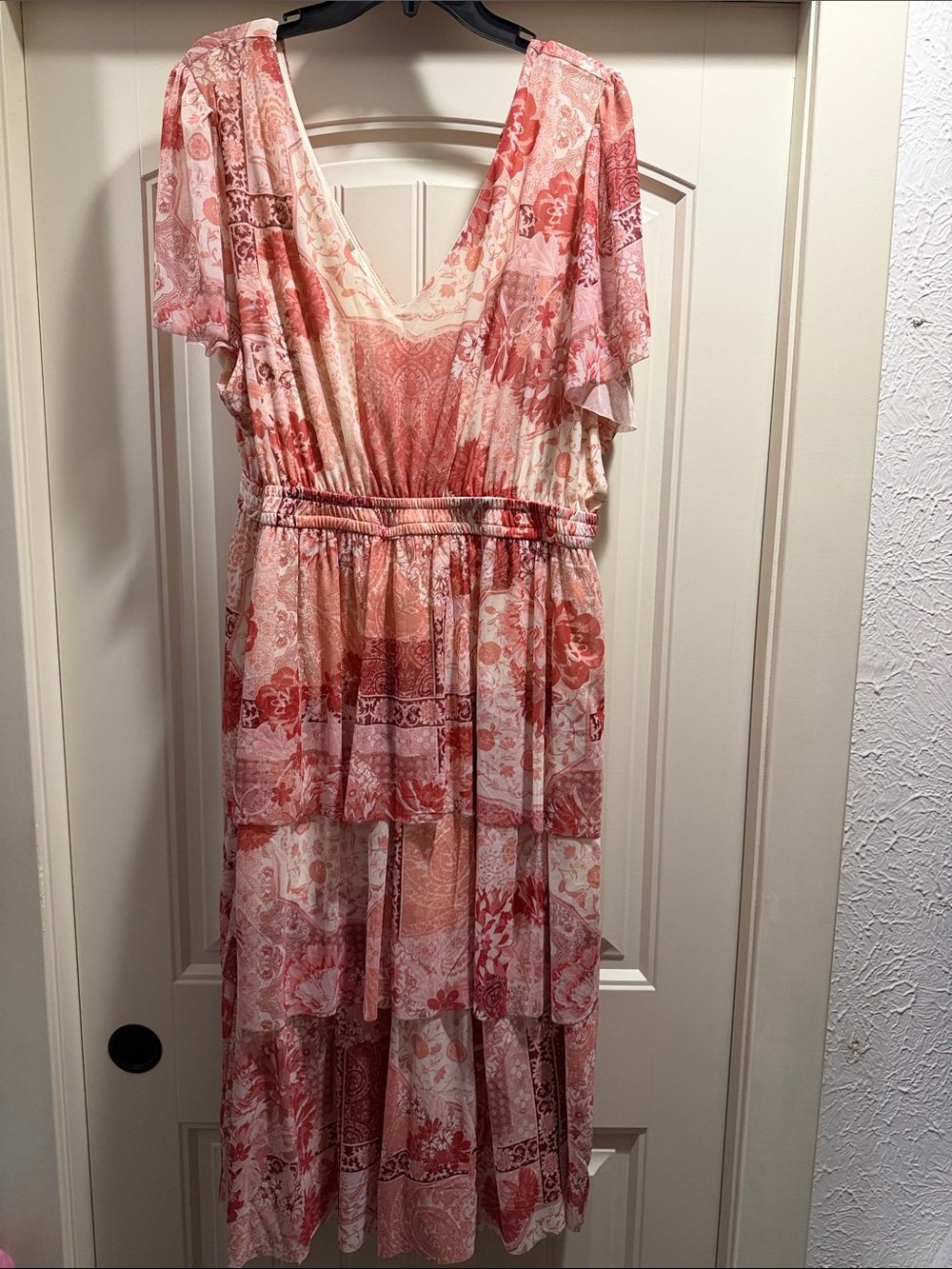 Maurices Pink & Coral Tiered V-Neck Maxi Dress